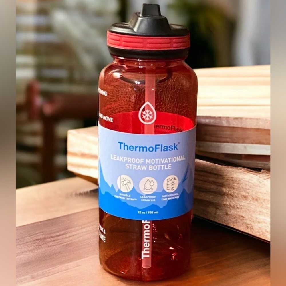 ThermoFlask 32oz Plastic Water Bottle W/Straw  Leakproof Motivational Markings